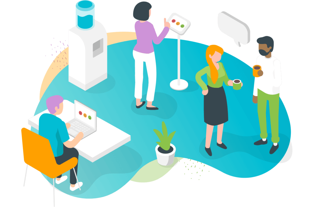 VoE illustration - employees leaving feedback on survey kiosks